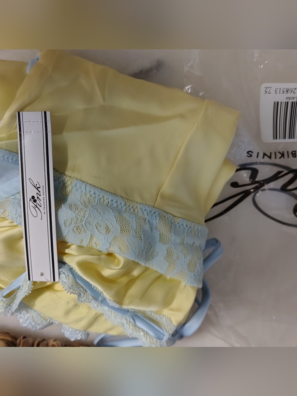 Frankie's Bikinis Yellow Satin Mini Slip Dress with Pale Blue Trim VS - Picture 6 of 8
